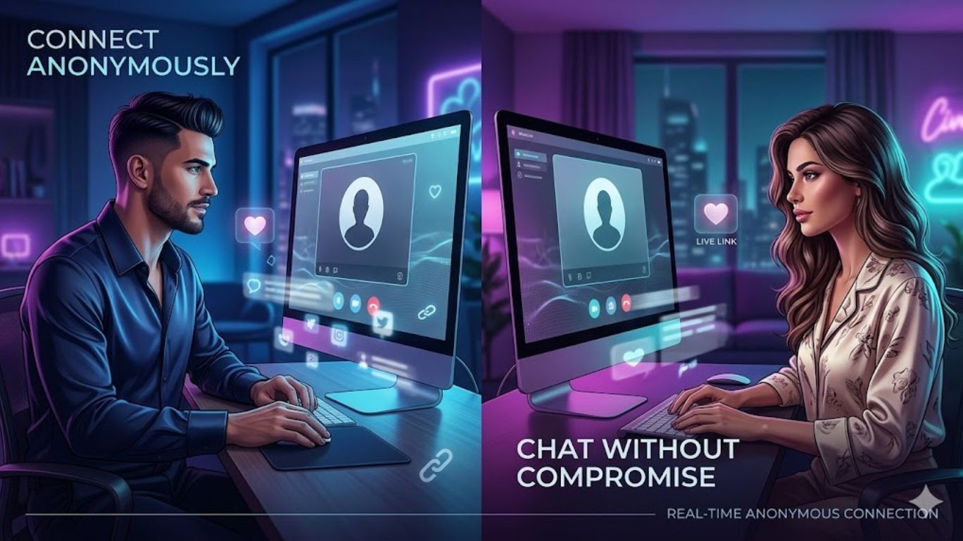 Adults using an anonymous nsfw video chat platform for online interaction and real-time virtual conversations in a modern digital setting.