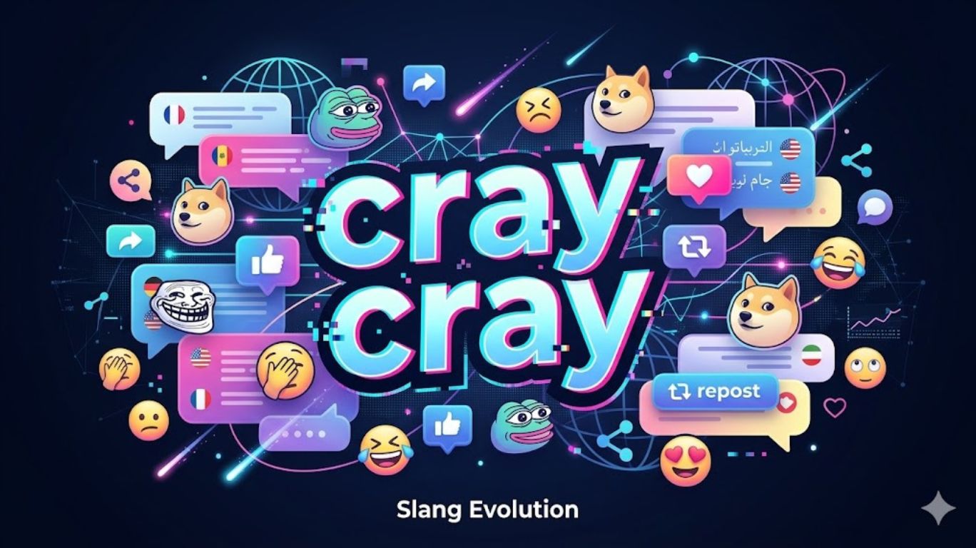 Digital illustration showing why the slang term ‘cray cray’ remains popular online, featuring social media icons, memes, and global internet culture representing its viral and expressive use