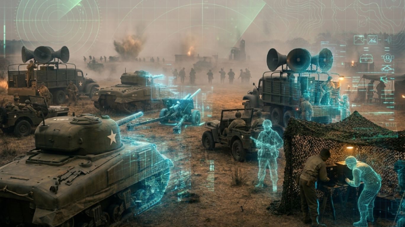 Ghost Army WWII deception unit blending into modern military technology visuals, showing inflatable decoys and digital overlays representing its lasting importance in modern military history.