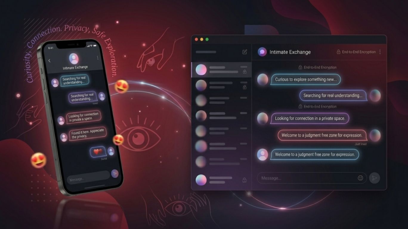 Sex chatroom concept showing anonymous online chat interfaces on phone and laptop screens representing privacy, connection, and reasons people join adult chatrooms for learning, stress relief, and communication