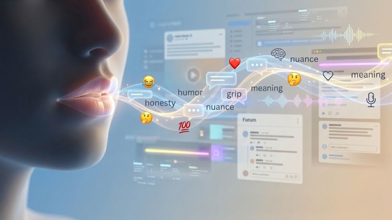 Editorial style abstract illustration representing the slang ‘lips that grip’ with stylized lips and floating communication symbols, visualizing how online slang simplifies emotions and spreads through digital culture and social media discussions.
