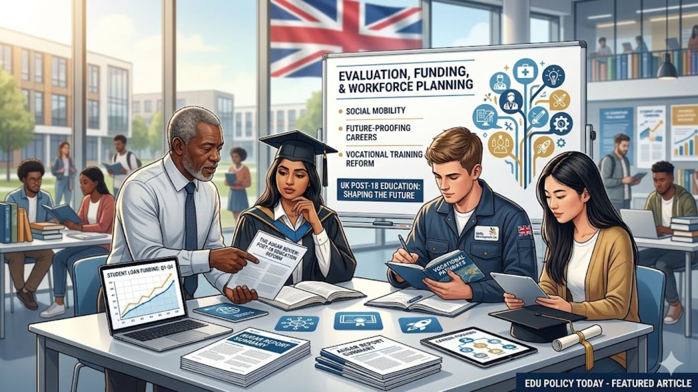 Augar review themed image featuring students and adult learners in a modern UK education setting focused on lifelong learning, social mobility, and workforce development.