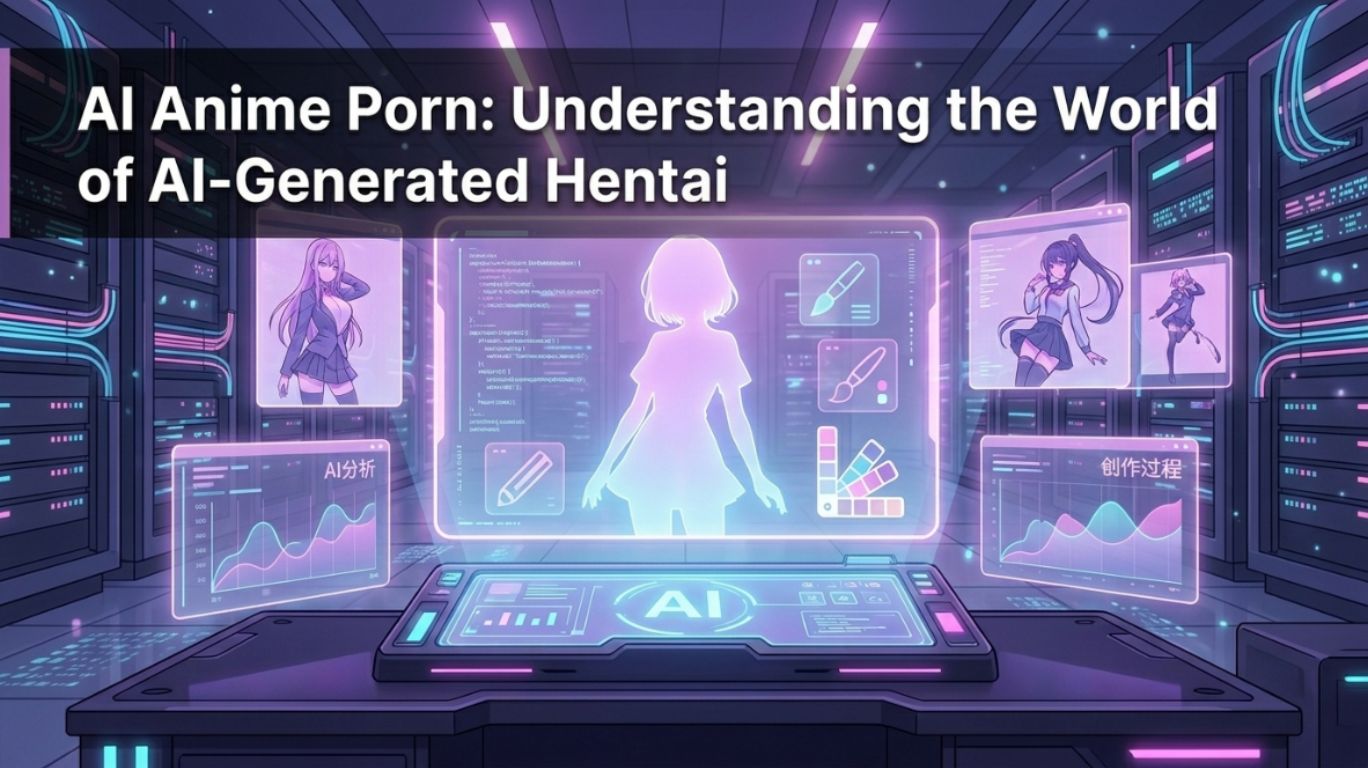 Illustration about AI anime porn showing a futuristic AI system generating anime-style hentai characters on digital screens inside a neon-lit tech lab.