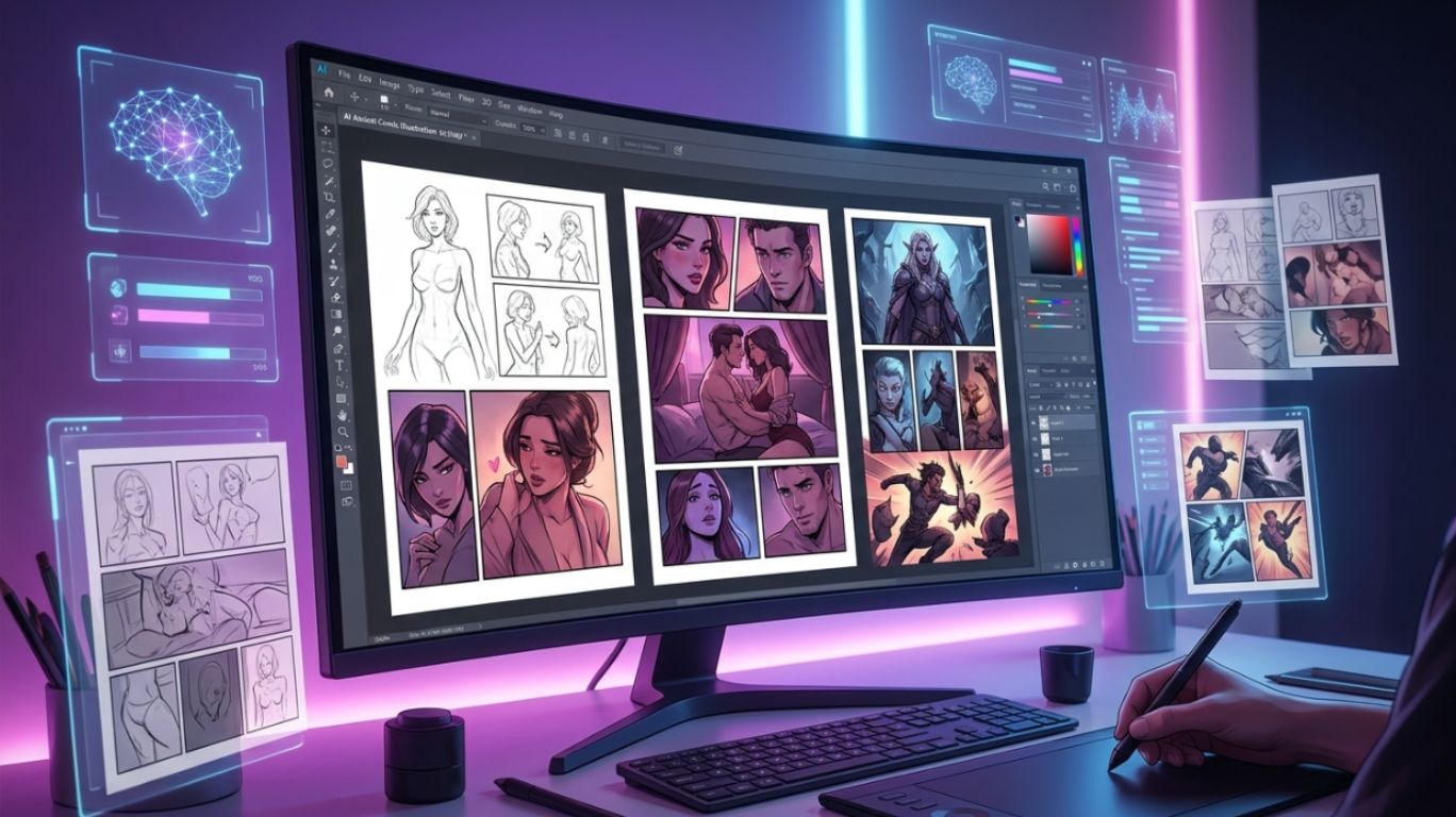 AI-generated illustration showing how ai porn comics are created using modern AI tools in a digital workspace, featuring futuristic comic panel design, AI interfaces, and creative digital art workflow.