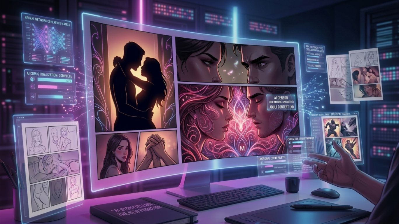 A person is working on a computer screen displaying ai porn comics panels and AI-generated art. The screen shows various scenes, including a couple embracing in a stylized non-explicit comic format, close-ups of expressive faces, and ai porn comics sketch-style comic book layouts generated through AI tools. The background is a futuristic setting with glowing server racks, holographic UI elements, and digital art interfaces, emphasizing the rise of ai porn comics as part of AI-driven creative storytelling technology.
