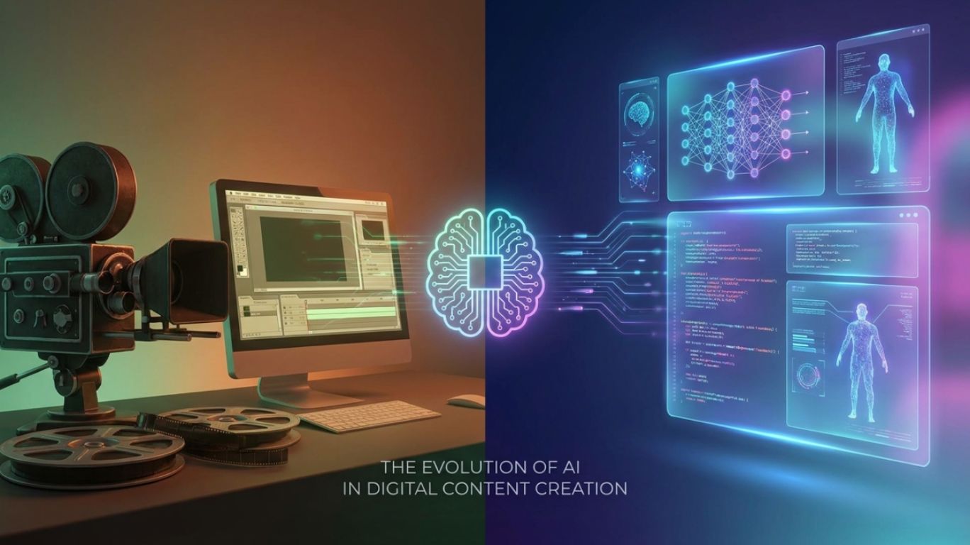 AI transforming the adult content landscape through digital automation, showcasing the shift from traditional production tools to futuristic AI-generated media systems, for ai porn gifs