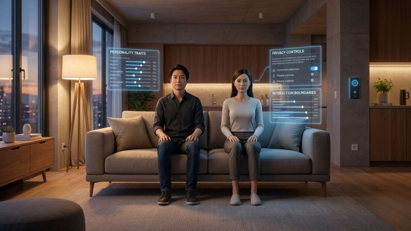 Human and humanoid AI sexbot companion sitting in a modern room with holographic interface elements, illustrating ethical AI companionship, emotional support, privacy safeguards, and responsible digital intimacy technology.