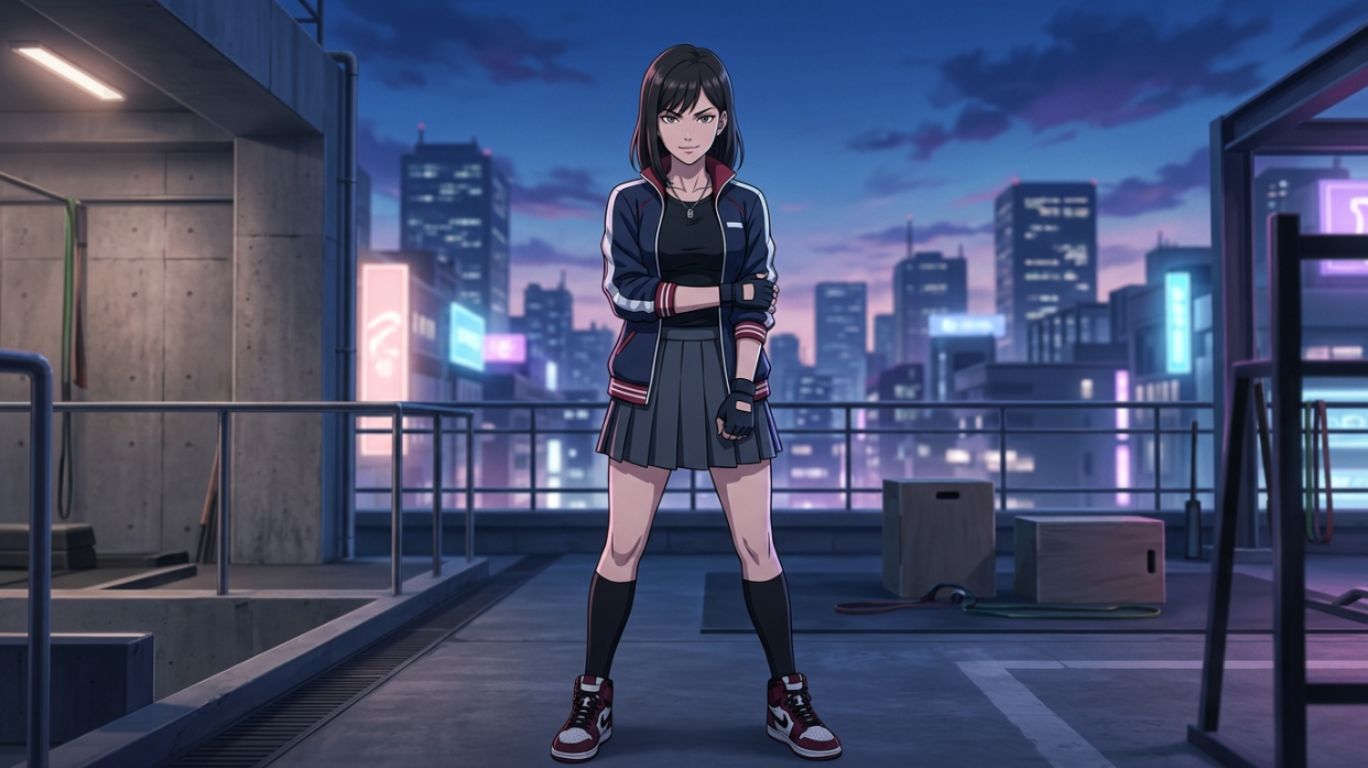 A young woman "ashiko" with dark hair stands on a rooftop overlooking a city at dusk. She wears a blue and red jacket, a black top, a pleated skirt, and sneakers.