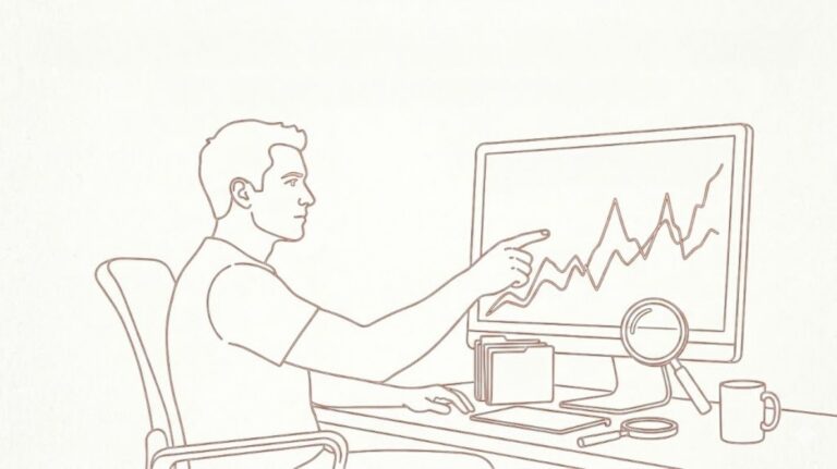 A line drawing of a person sitting at a desk, pointing at a graph on a computer screen. A magnifying glass and a mug are on the desk, with the word “auga” subtly integrated into the scene (for example, as part of the computer screen interface or handwritten note on the desk).