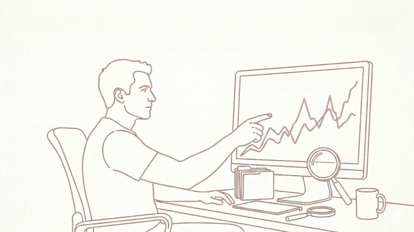 A line drawing of a person sitting at a desk, pointing at a graph on a computer screen. A magnifying glass and a mug are on the desk, with the word “auga” subtly integrated into the scene (for example, as part of the computer screen interface or handwritten note on the desk).