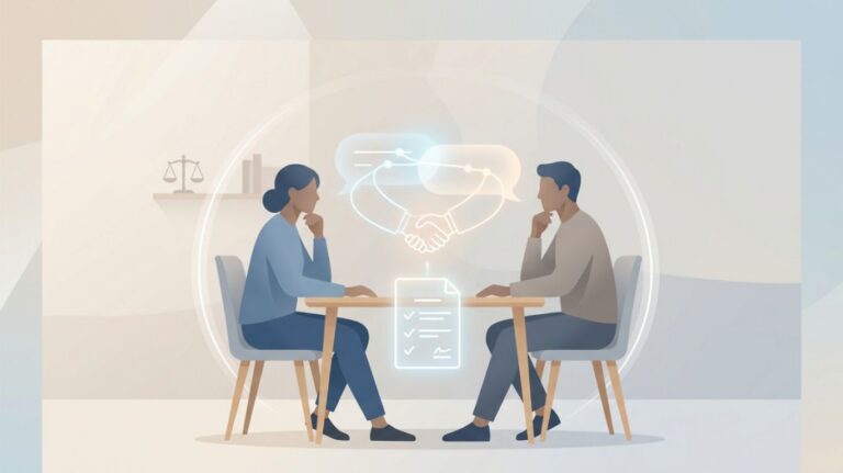 Two people sit at tables, facing each other, with a digital overlay visually explaining consensual non consent meaning, showing a symbolic handshake between two speech bubbles and a document with checkmarks, representing prior agreement, communication, trust, and negotiated boundaries, symbolizing informed consent and mutual understanding before roleplay scenarios.