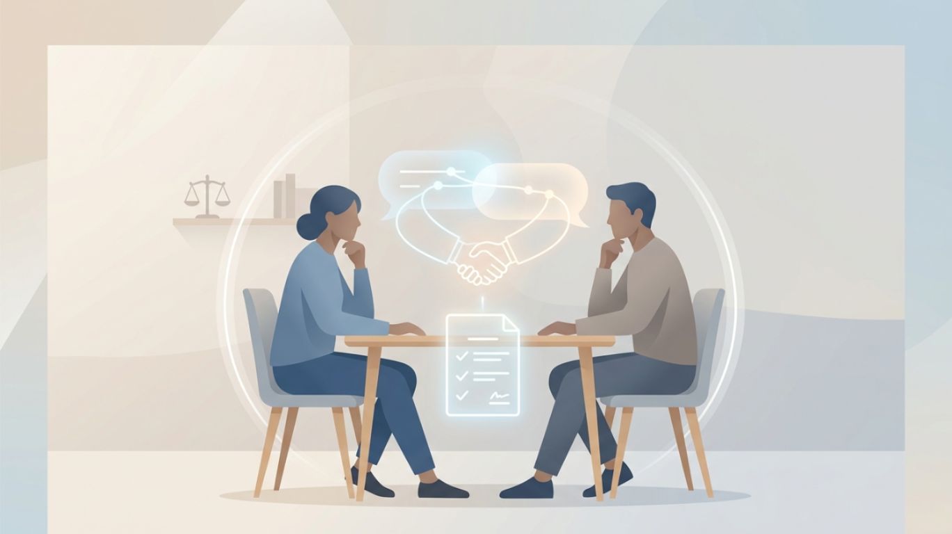 Two people sit at tables, facing each other, with a digital overlay visually explaining consensual non consent meaning, showing a symbolic handshake between two speech bubbles and a document with checkmarks, representing prior agreement, communication, trust, and negotiated boundaries, symbolizing informed consent and mutual understanding before roleplay scenarios.