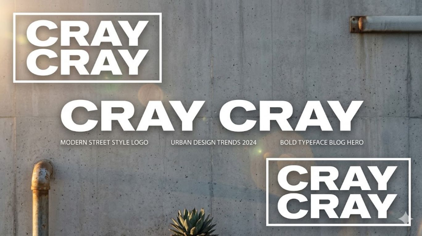 The text "CRAY CRAY" is displayed multiple times in bold white font against a concrete background. Text below indicates "MODERN STREET STYLE LOGO", "URBAN DESIGN TRENDS 2024", and "BOLD TYPEFACE BLOG HERO".