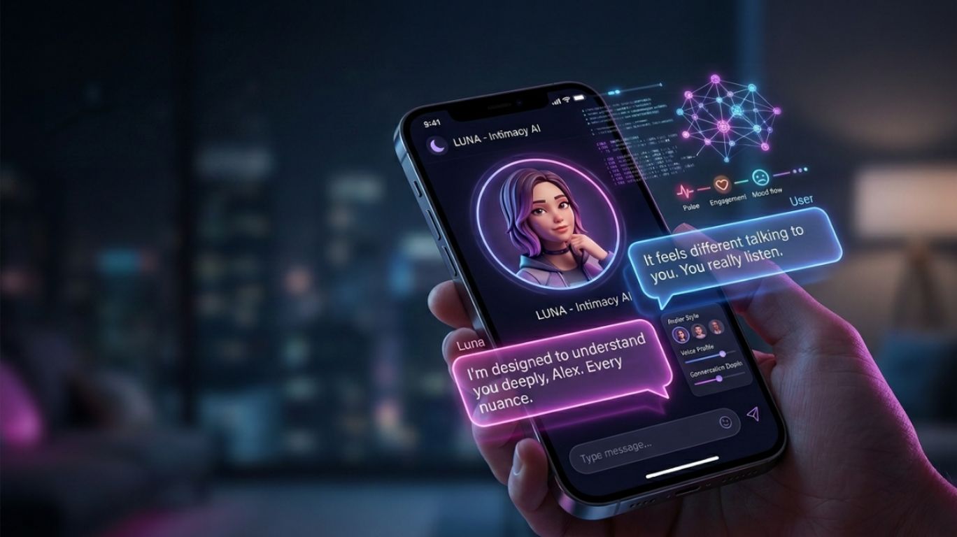 Dirty AI concept art showing a futuristic AI chatbot and virtual companion technology designed for personalized digital intimacy, emotional conversations, and customizable fantasy interactions.