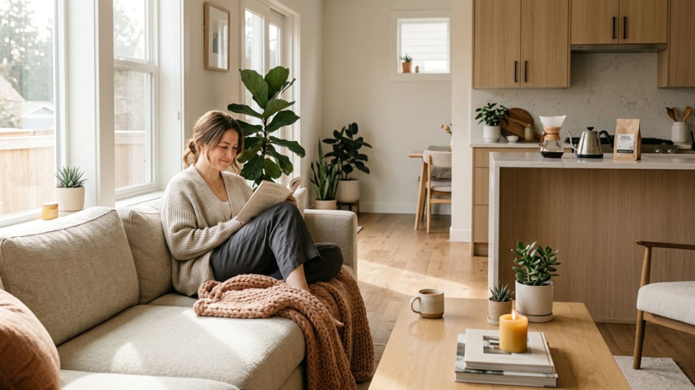 A person enjoying quiet domesticity while reading a book on a cozy couch in a well-lit living room, surrounded by indoor plants and a warm kitchen in the background, creating a peaceful and home-centered atmosphere.