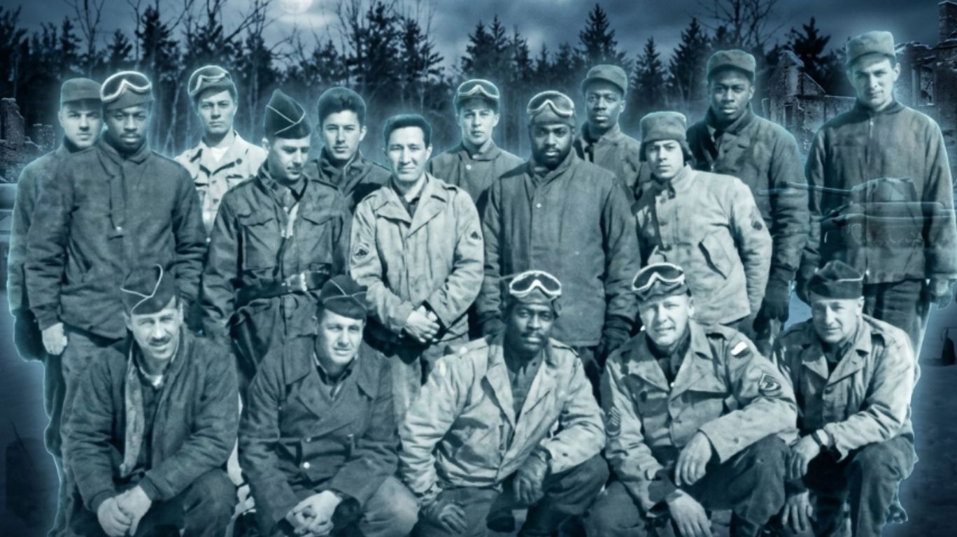 A group of soldiers from the Ghost Army stand together with a moonlit, eerie background. The text "GHOST ARMY" is prominent at the bottom of the image.