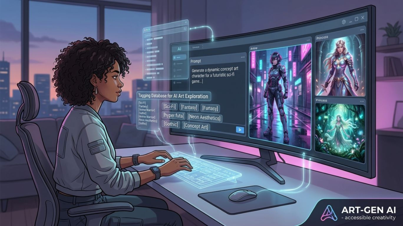 AI text-to-image tools making character art accessible, with examples of anime and fantasy prompts and the keyword hyper futa appearing as part of AI prompt culture and creative tagging systems