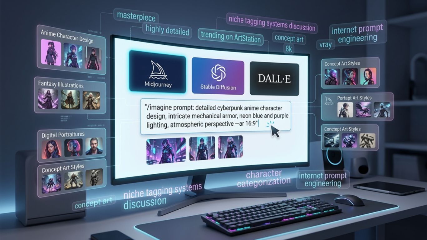 Blog field image explaining AI art generation tools and internet prompt culture, including niche keywords like hyper futa, shown through a futuristic workspace and AI interface used for creating anime and digital artwork