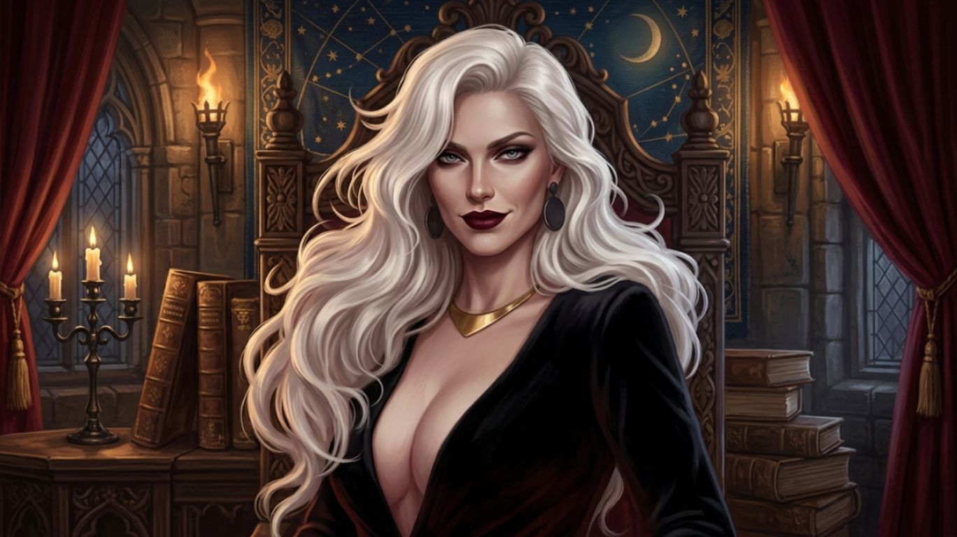 Fantasy blog featured image of a regal white-haired character in a mystical study with AI art interface elements, showing creative prompt tags including hyper futa as part of AI-generated character design systems