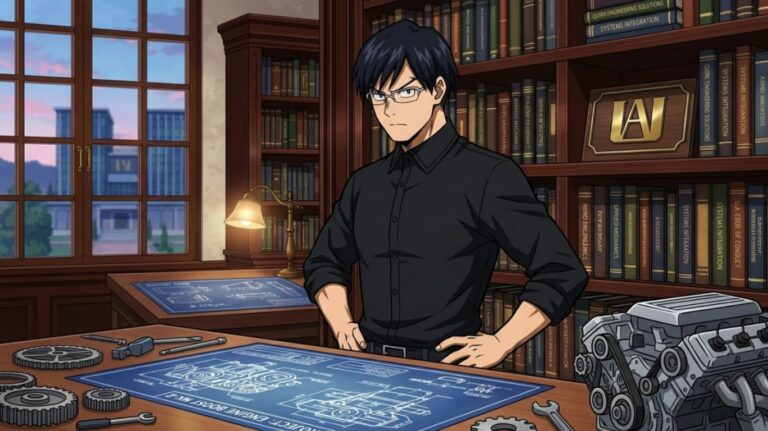 A person "iida mha" wearing glasses and a black shirt stands in a library with blueprints and an engine on a desk.