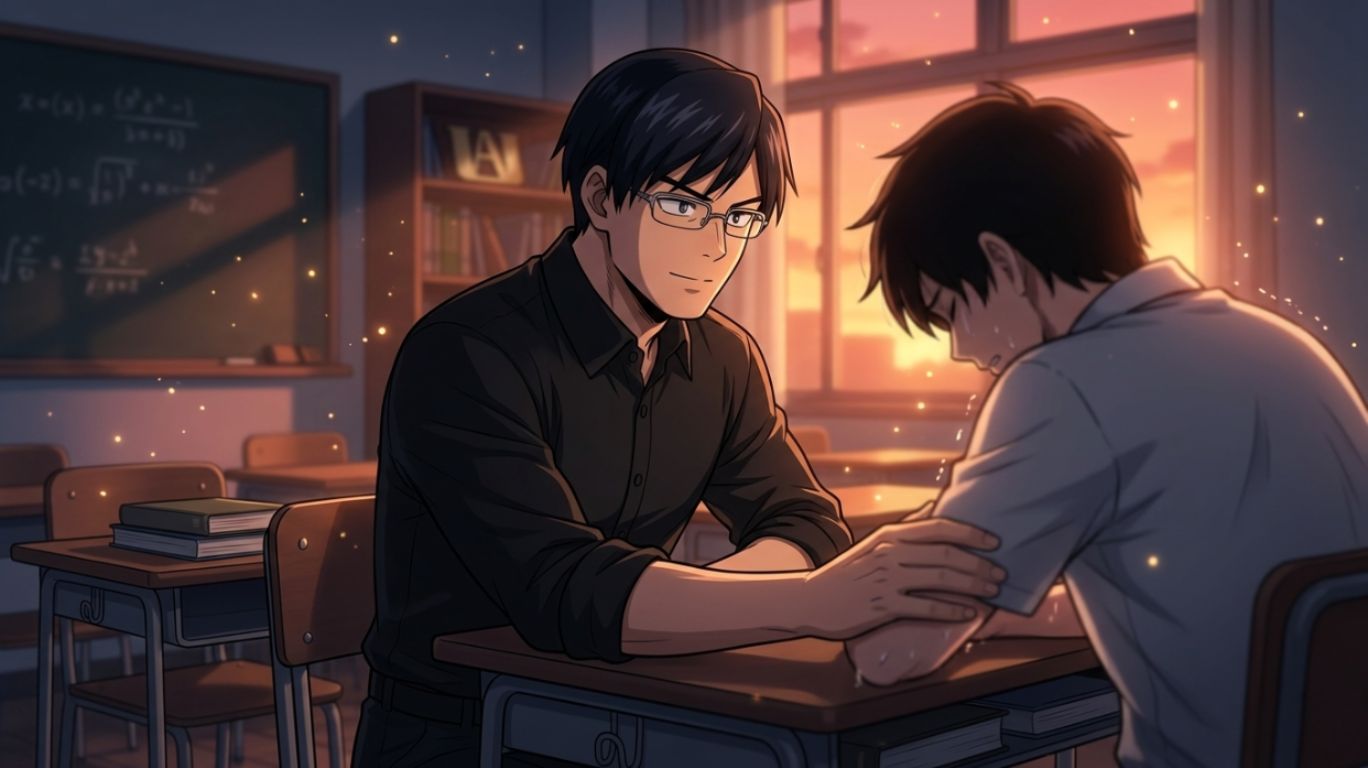 iida mha featuring Tenya Iida from My Hero Academia showing emotional intelligence and aftercare as he calmly supports someone in a vulnerable moment with a warm and empathetic expression in a soft cinematic anime scene