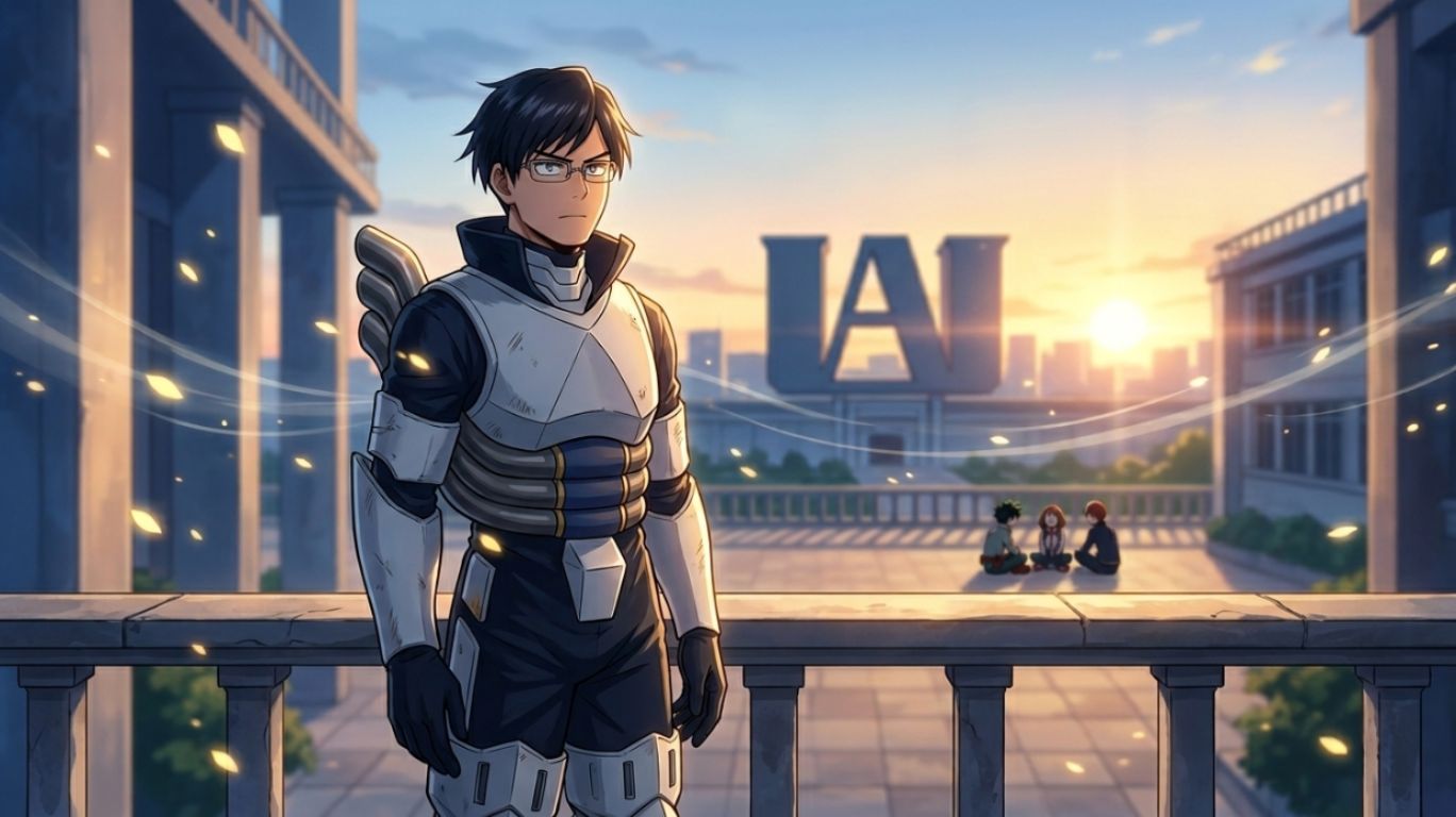 iida mha featuring Tenya Iida from My Hero Academia standing in a calm reflective moment that highlights the heart behind the hero as he shows quiet strength discipline and emotional responsibility in a cinematic sunset anime scene