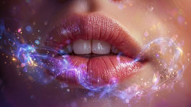 Close-up of lips with shimmering pink lipstick symbolizing “lips that grip,” surrounded by swirling magical purple and blue energy, glowing sparkles, and radiant crystals, creating a dreamy, captivating atmosphere that represents irresistible attraction, emotional intensity, and magnetic connection.
