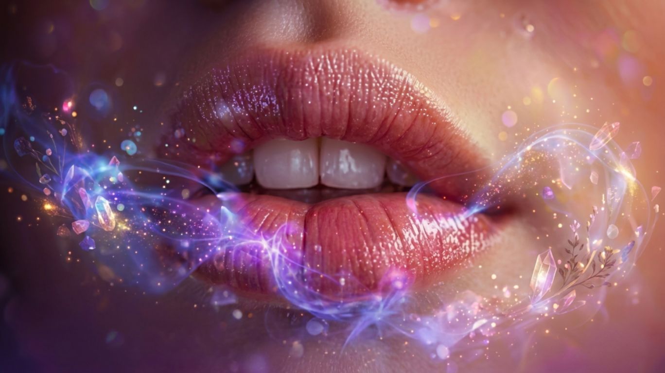 Close-up of lips with shimmering pink lipstick symbolizing “lips that grip,” surrounded by swirling magical purple and blue energy, glowing sparkles, and radiant crystals, creating a dreamy, captivating atmosphere that represents irresistible attraction, emotional intensity, and magnetic connection.