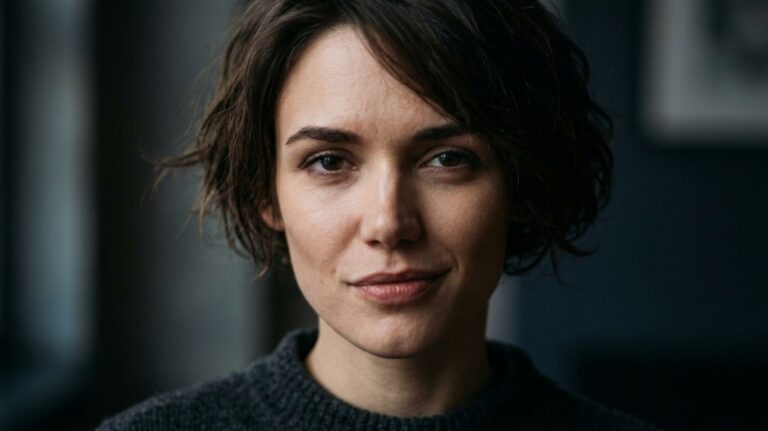 A close-up portrait of a person with a mocking smile with short, dark, messy hair, looking directly at the viewer with a neutral expression. They are wearing a dark, knitted sweater.