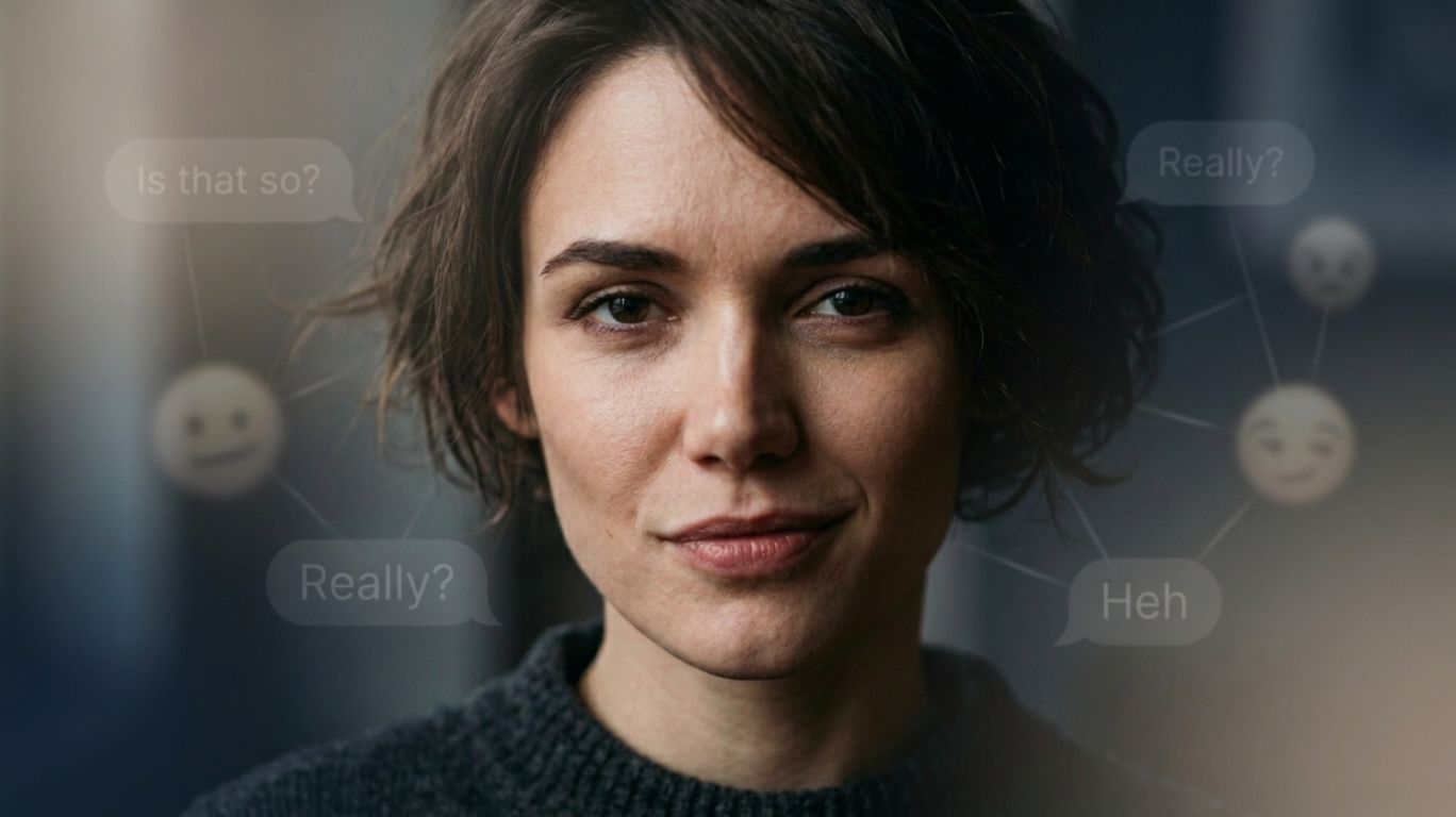 A close-up portrait showing a subtle mocking smile expression, symbolizing sarcasm, playful teasing, and emotional communication without words in a modern editorial style.