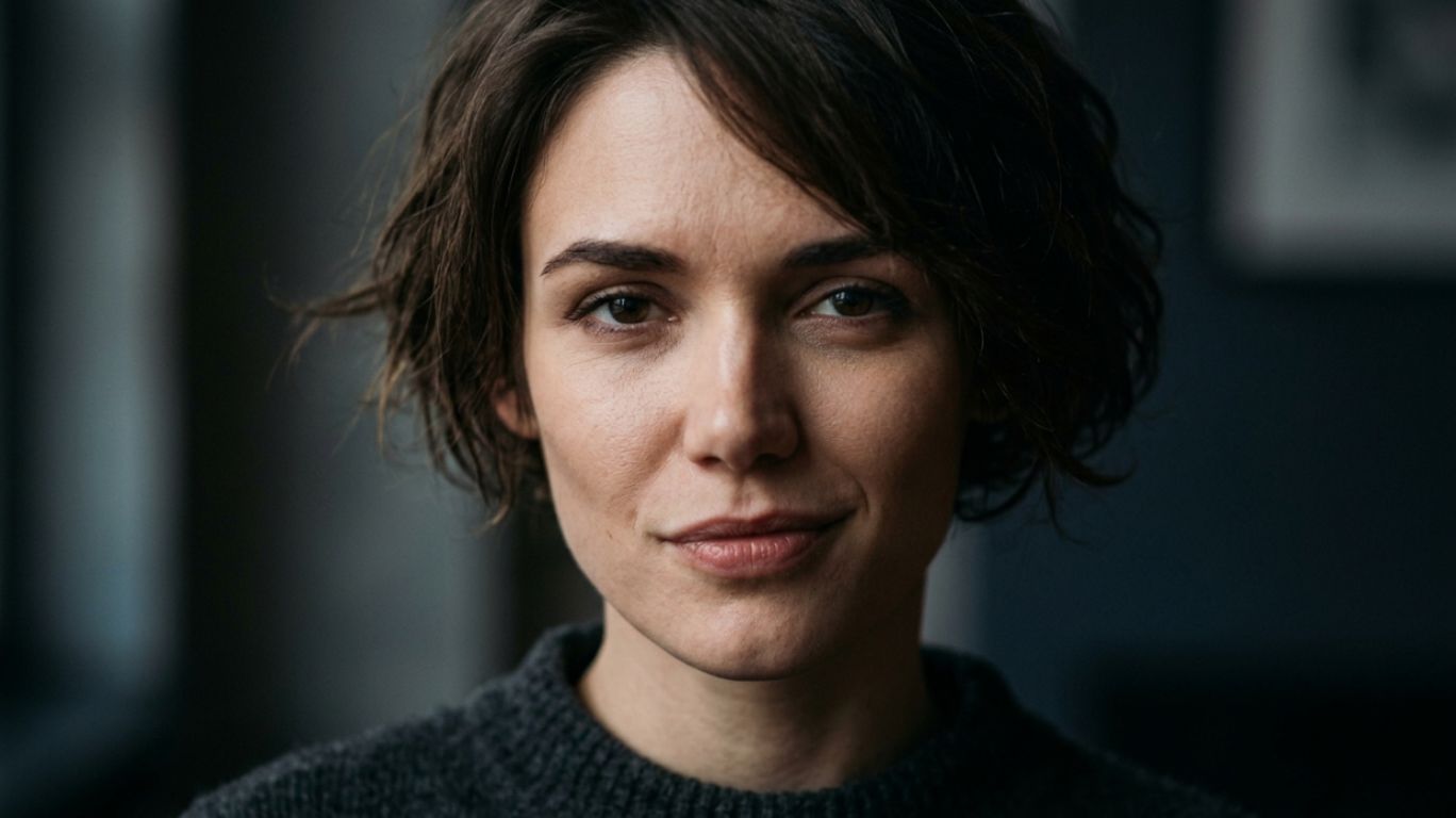 A close-up portrait of a person with a mocking smile with short, dark, messy hair, looking directly at the viewer with a neutral expression. They are wearing a dark, knitted sweater.