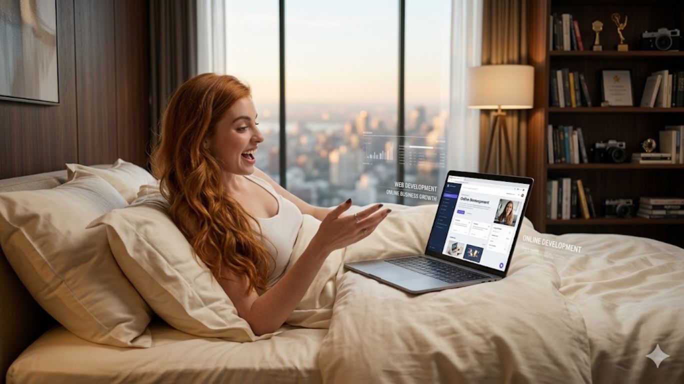 Red-haired person using a laptop for nsfw video chat and online interaction while sitting in bed with a city skyline in the background.