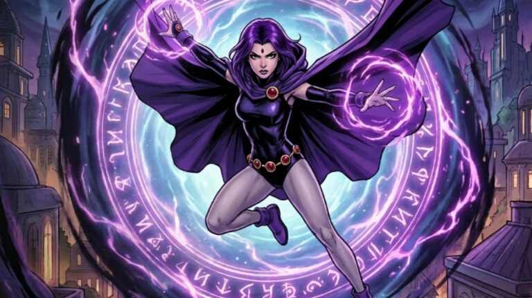 Raven from teen titans costume, a superheroine with purple hair and costume, conjures purple magic within a glowing portal surrounded by runes, with a city skyline in the background.