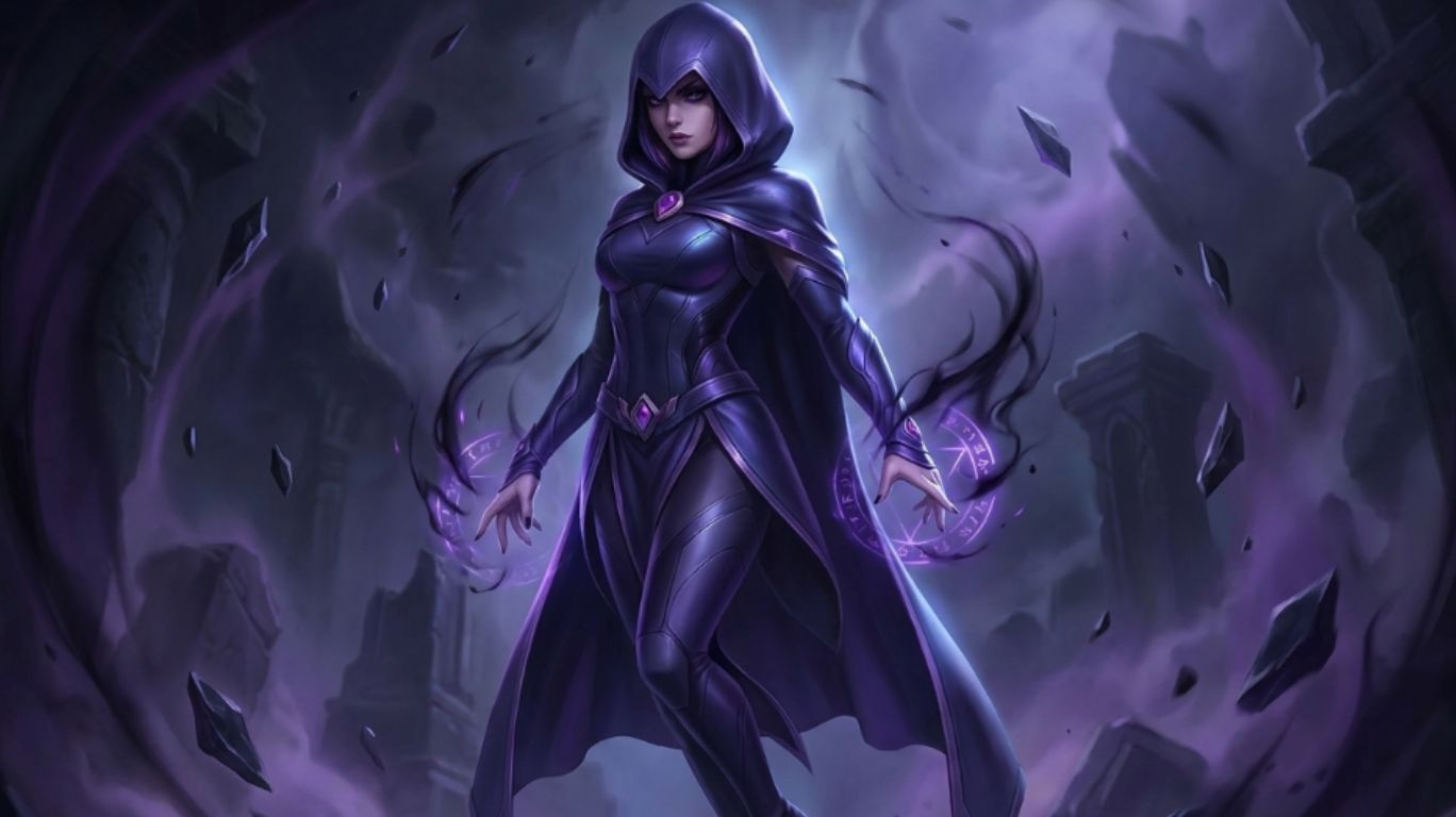 Raven from Teen Titans costume concept showing a dark, mystical superhero in a sleek hooded outfit symbolizing shadow magic, control, and inner emotional struggle with a cinematic purple and black atmospheric background.