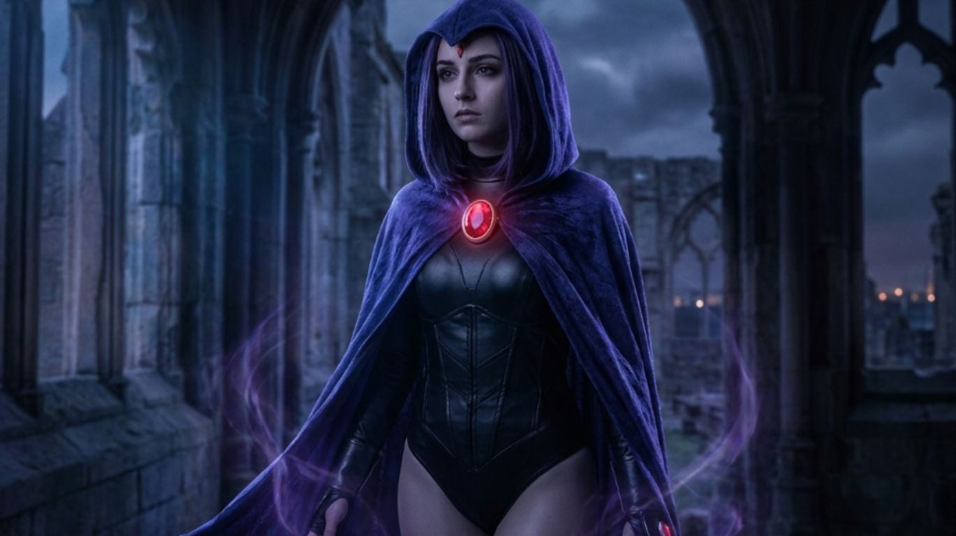Raven from Teen Titans costume cosplay featuring an indigo hooded cloak and glowing red gem, symbolizing inner conflict, restraint, and quiet strength in a cinematic dark fantasy setting.