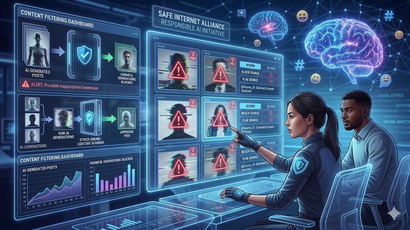 Editorial illustration about rule 34 ai showing AI moderation systems filtering harmful AI-generated posts to promote a safer digital future and responsible online content management.