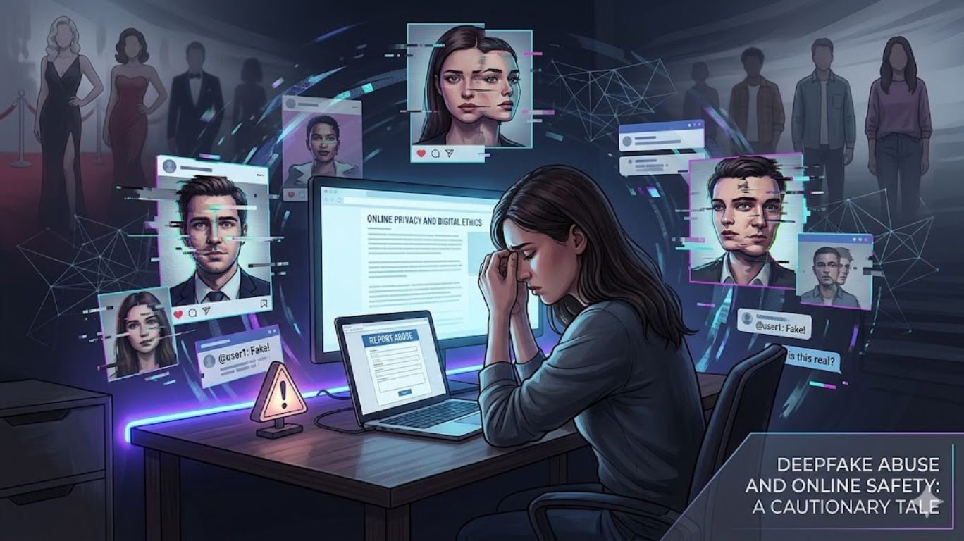 Illustration showing the dangers of rule 34 ai and deepfake abuse spreading from celebrities to everyday people through AI-generated fake images and online manipulation.