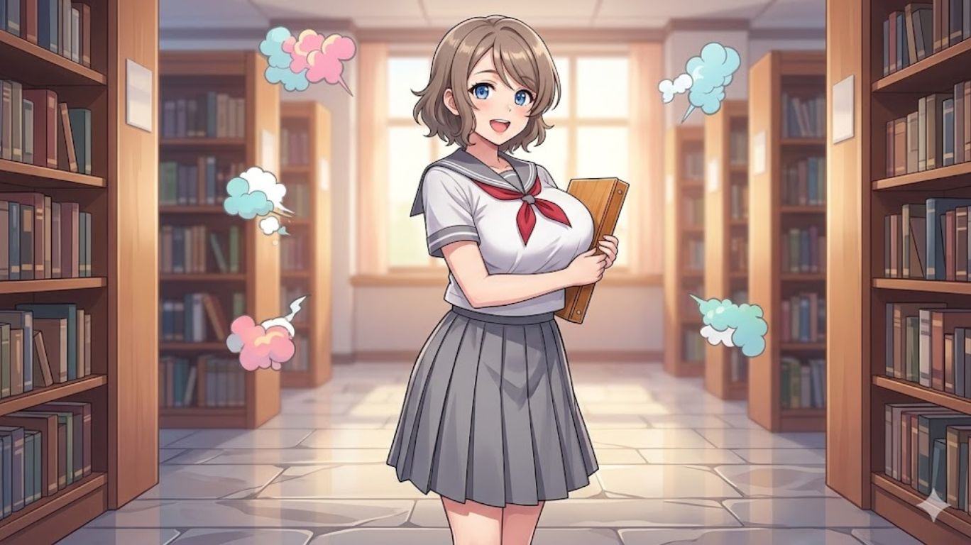 A young person in a school uniform stands in a library holding a book, with colorful thought bubbles floating around them, representing rule 34 ai