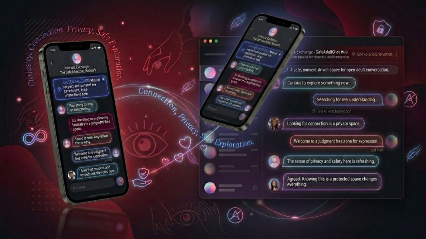 Sex chatroom concept showing secure anonymous online chat platforms on phone and laptop screens symbolizing safe adult chatrooms, privacy, connection, and open-minded digital communication experiences