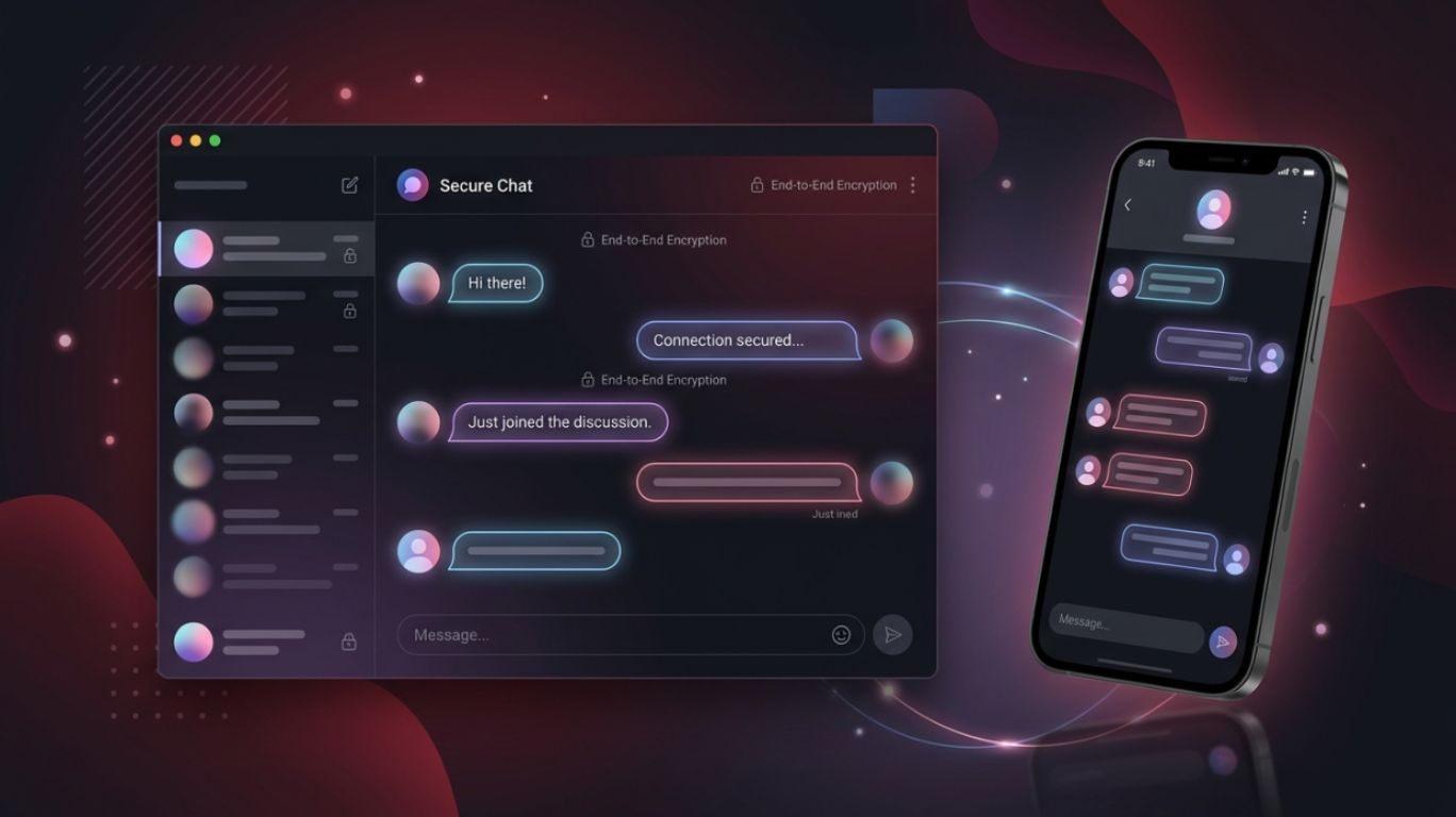 A dark-themed interface for a secure chat application and sex chatroom platform is displayed on a laptop screen and a smartphone, showcasing message bubbles with glowing neon-like outlines in text only, not image.