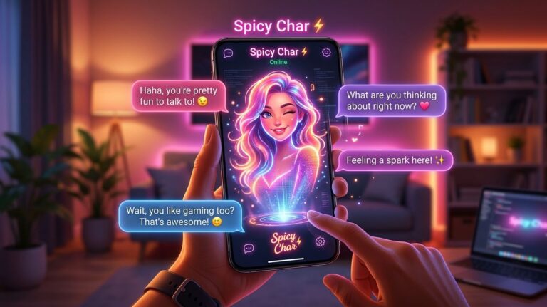 A person interacts with an AI dating app called Spicy Char on their smartphone, featuring a vibrant glowing character avatar and floating chat bubbles with romantic and flirtatious messages in a neon-lit room.