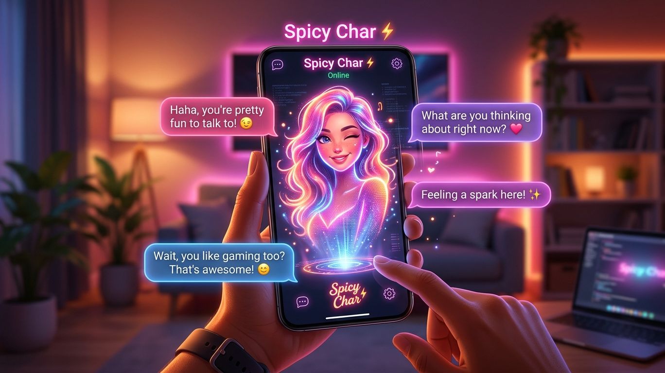 A person interacts with an AI dating app called Spicy Char on their smartphone, featuring a vibrant glowing character avatar and floating chat bubbles with romantic and flirtatious messages in a neon-lit room.