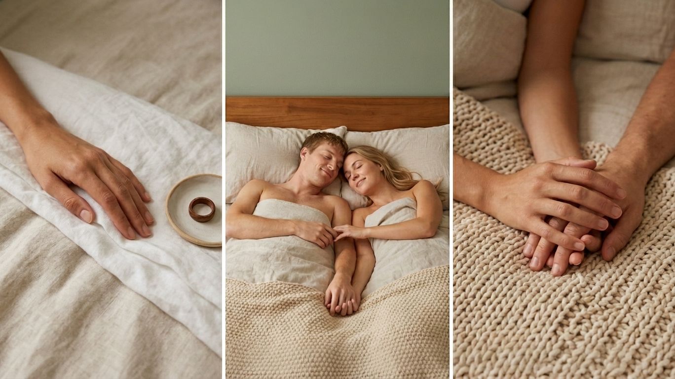 A triptych style image illustrating the concept of what is a pleasure dom, showing three intimate and symbolic scenes: a close-up of a hand resting on white sheets beside a ring placed in a small dish symbolizing consent and commitment; a couple sleeping peacefully in bed while holding hands to represent trust, emotional safety, and post-intimacy comfort; and a close-up of two hands clasped together on a textured blanket symbolizing connection, communication, and mutual pleasure within a consensual, emotionally grounded dominance dynamic.