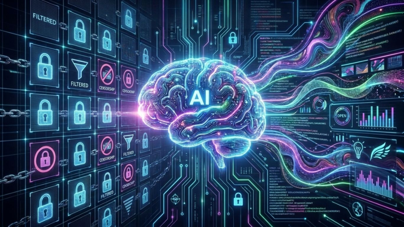 AI uncensored concept illustration showing a digital brain breaking free from content filters and restrictions, symbolizing unrestricted AI creativity and open information access.