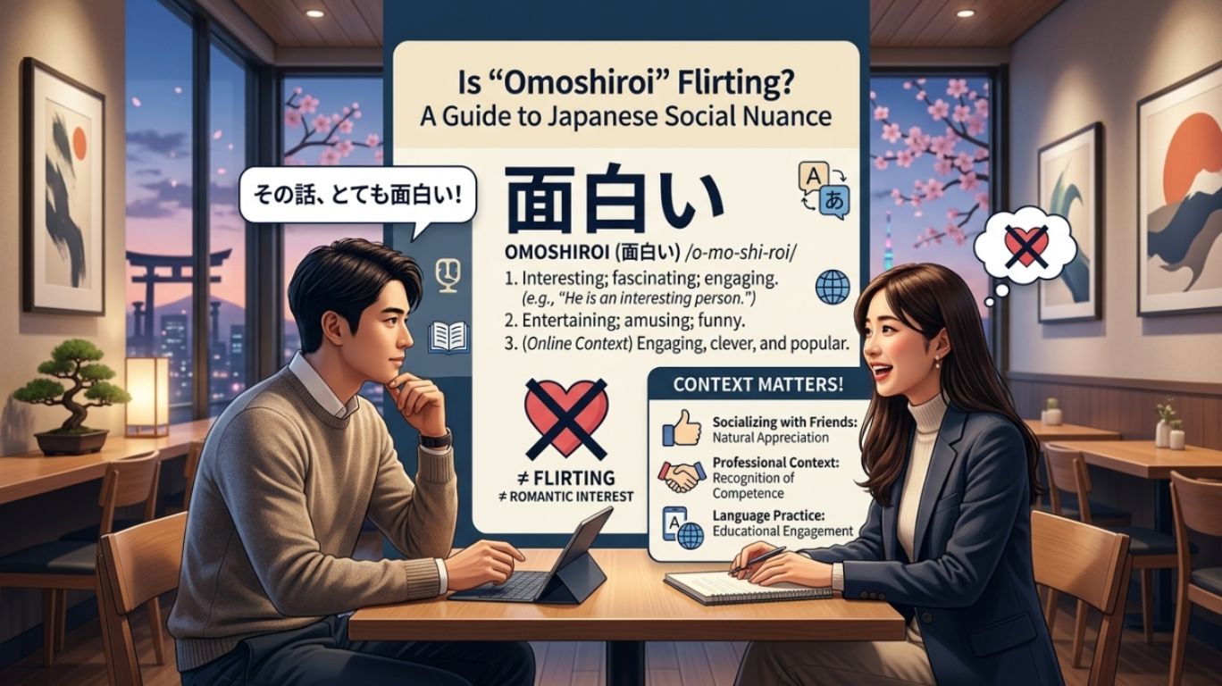 Illustration explaining that omoshiroi does not mean flirting in Japanese, showing a friendly conversation with language-learning and cultural context elements.