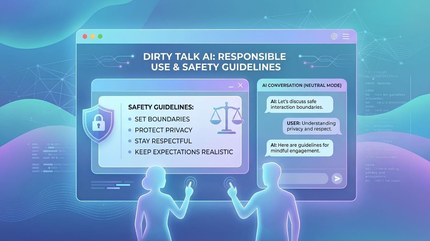 Dirty talk AI concept showing a futuristic chatbot interface with safety guidelines, privacy controls, and responsible usage reminders, illustrating how users can interact with AI conversations safely while maintaining boundaries and realistic expectations.