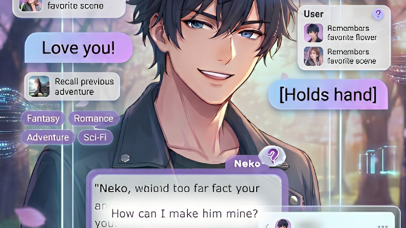 ai anime chat platform supporting long-form roleplay with character memory, saved chat history, emotion controls, and multi-character interactive storytelling in a futuristic anime interface
