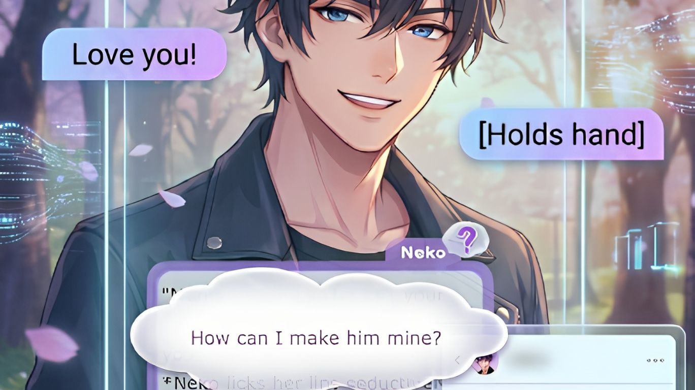 AI anime chat interface showing an anime-style AI character responding in real time inside a futuristic chat window powered by conversational AI and large language models