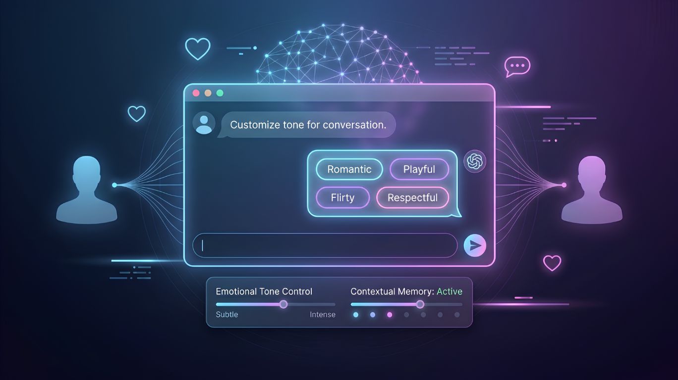 Dirty talk AI concept showing a futuristic chatbot interface with tone controls, emotional AI conversation, and personalized chat bubbles representing how users adjust romantic and conversational styles safely through artificial intelligence.