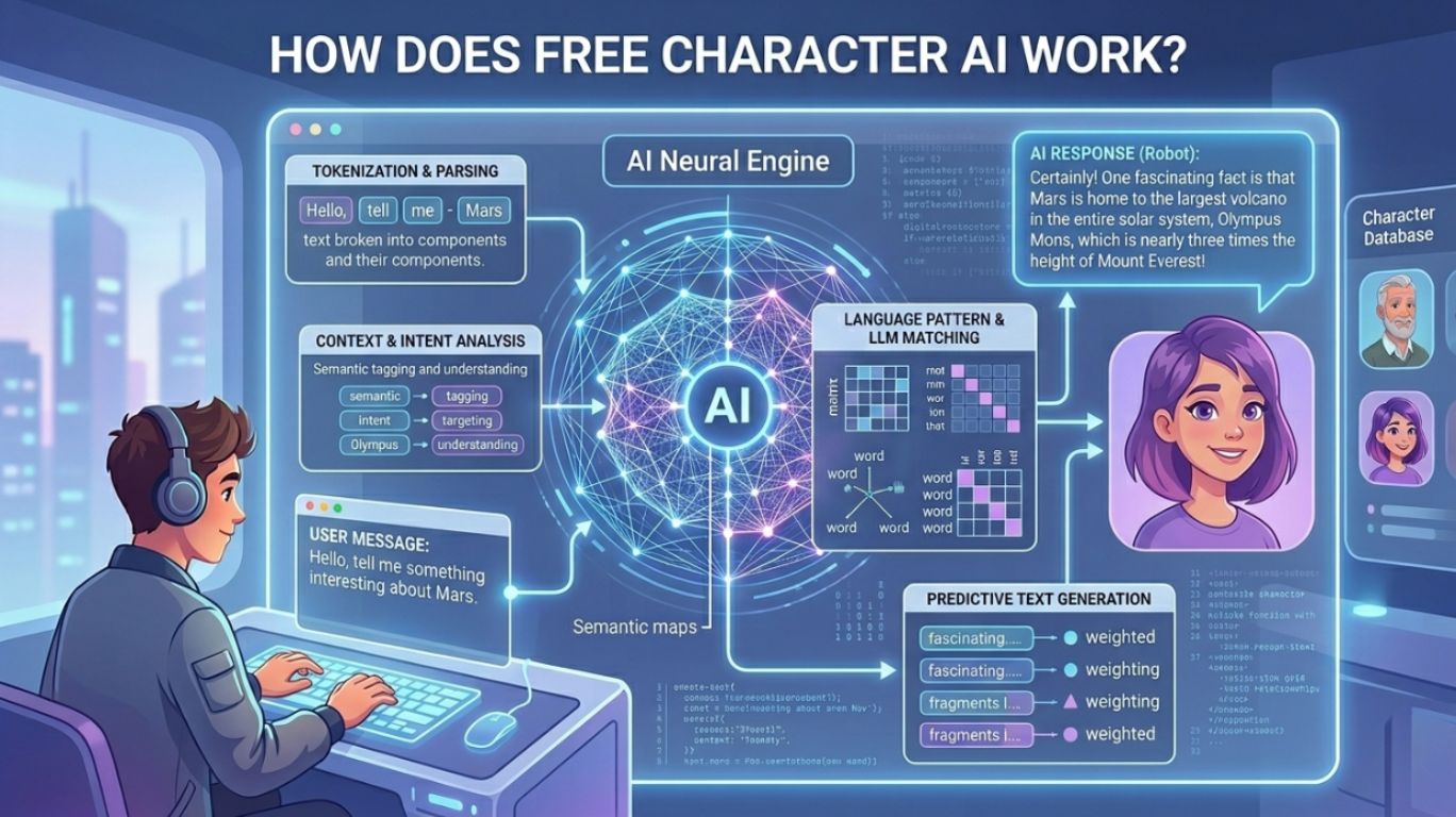 Free Character AI diagram showing how user messages are processed by artificial intelligence, illustrating contextual understanding and predictive response generation through a futuristic chat interface and neural network system.